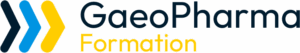 Logo GaeoPharma Formation sur fond blanc, il comprend à gauche trois chevrons respectivement de couleurs noire, blanche, bleu et jaune plus à droite le terme GaeoPharma en noir et au-dessous le terme formation en jaune.
